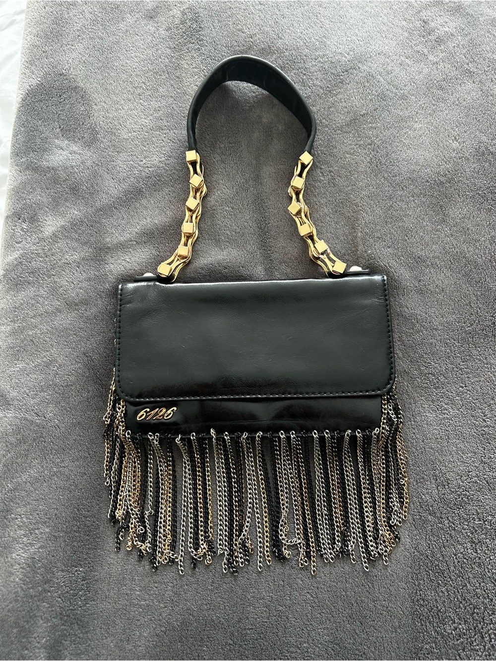 Black natural leather designer Fringe Chain-Handle Shoulder Bag